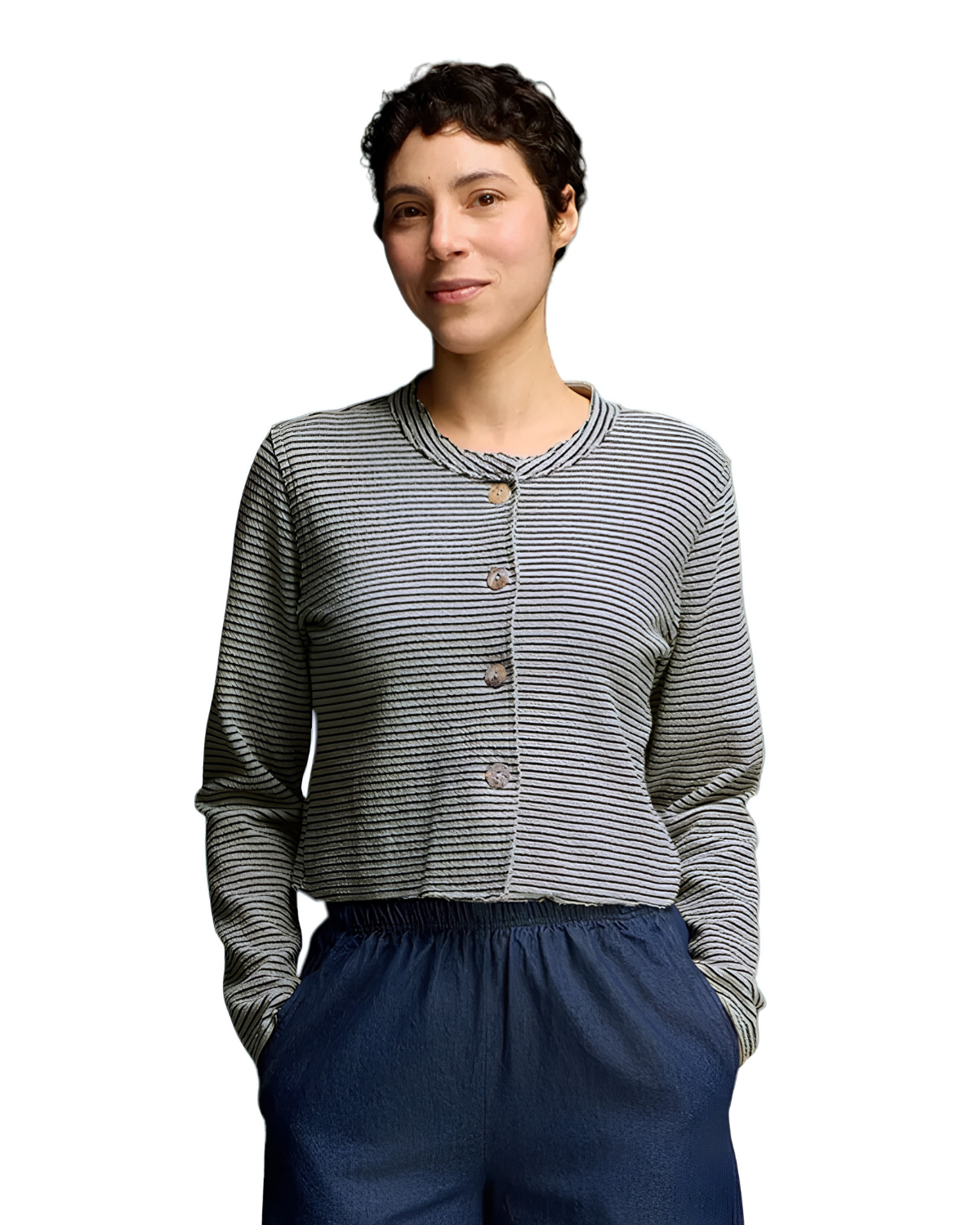 Crop Asymmetrical Cardi in Grey Stripe | Cut Loose