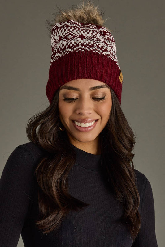Burgundy & White Patterned Pom Hat