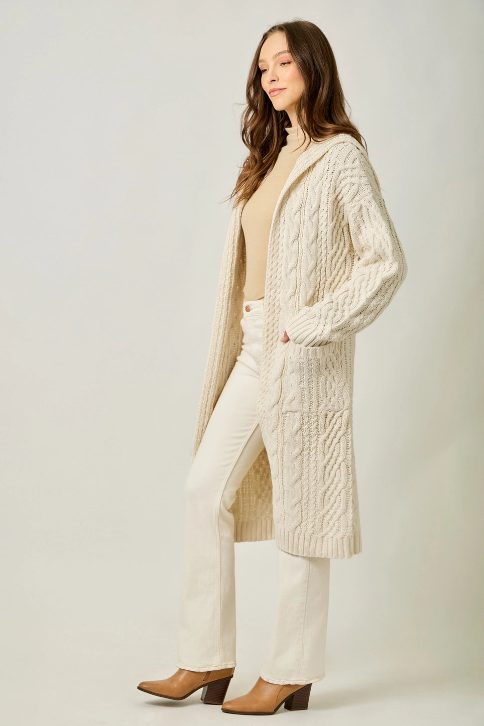 Long Cable Knit Cardigan in Almond