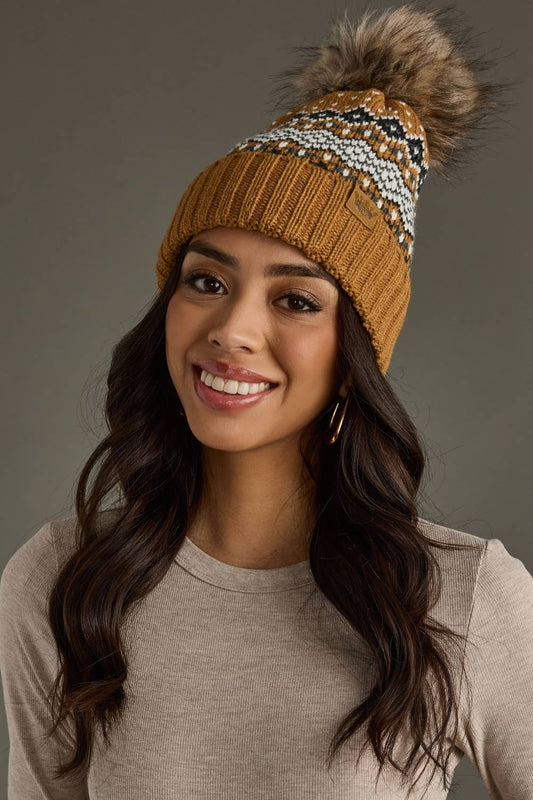 Camel, Black, & White Patterned Pom Hat
