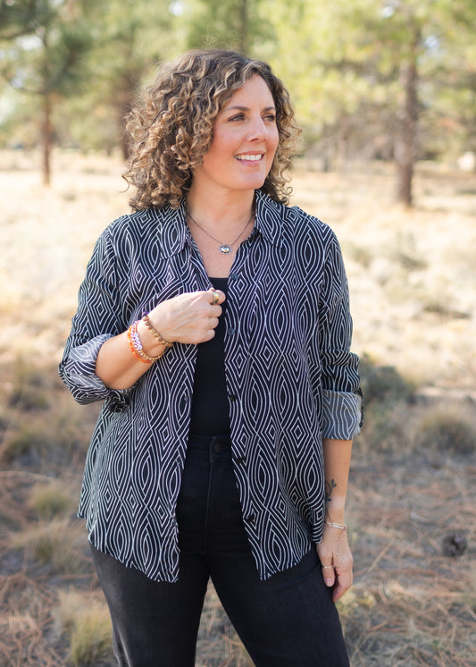 Button-Up Blouse in Black & White Geo | APNY