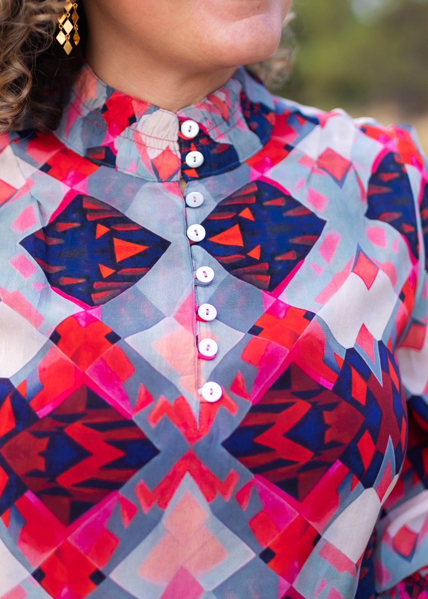 High Collar Blouse in Red Geo Print | APNY