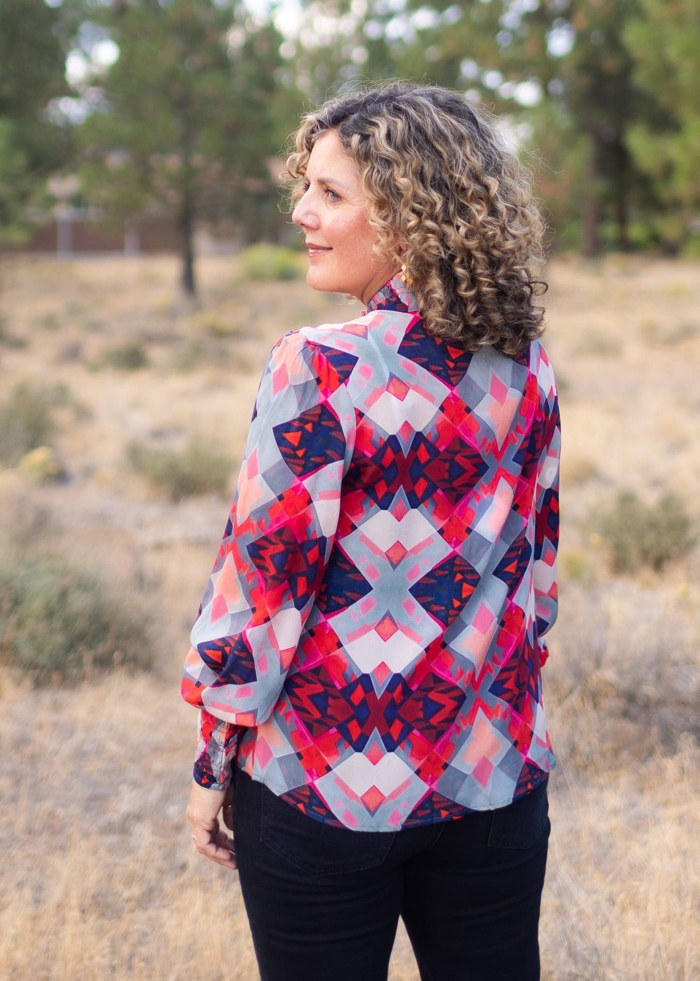 High Collar Blouse in Red Geo Print | APNY