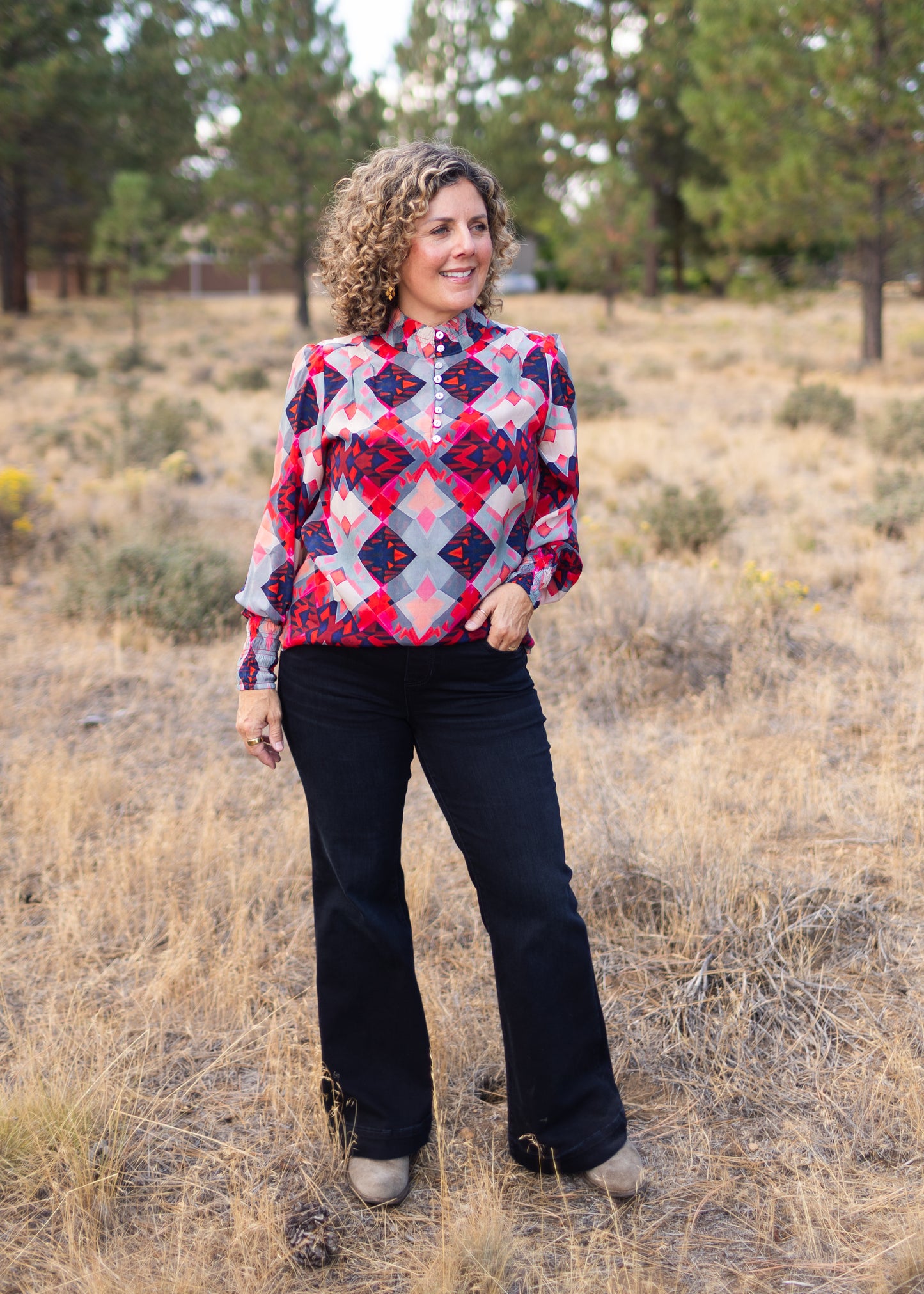 High Collar Blouse in Red Geo Print | APNY