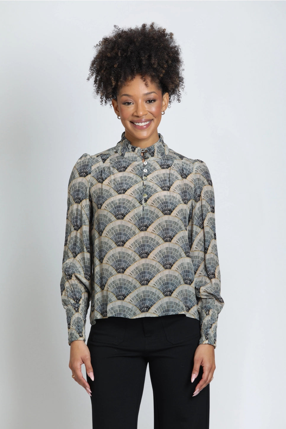High Collar Blouse in Gray Fan Print | APNY