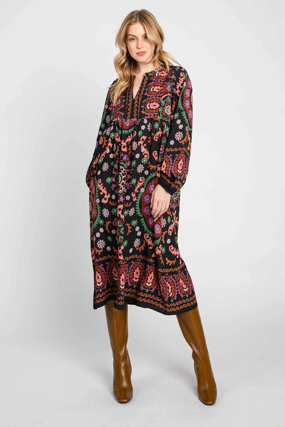Colorful Medallion Blouson Sleeve Dress