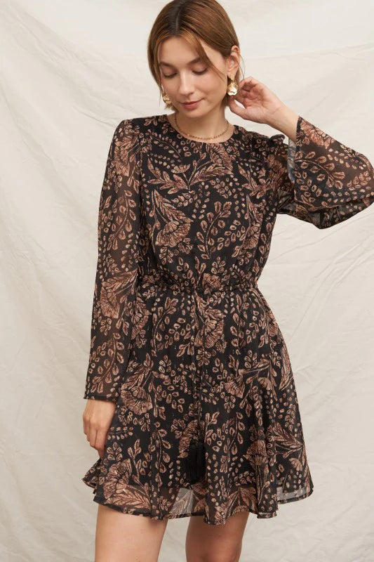 Paisley Bell Sleeve Dress in Black