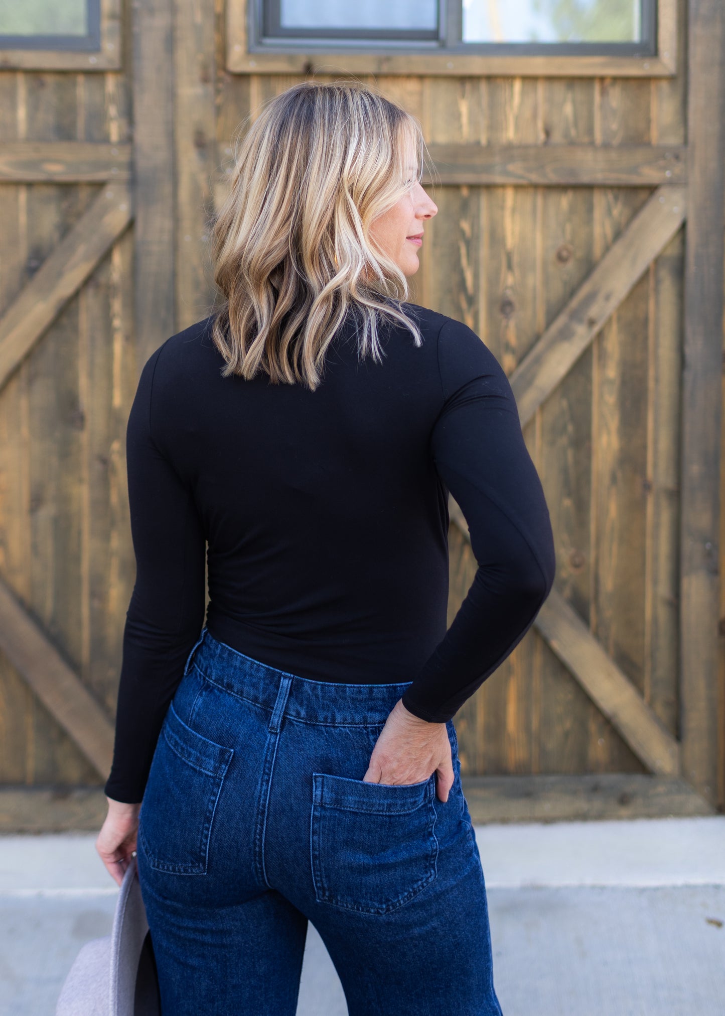 Long Sleeve Shirred Mock Neck in Black | Liverpool