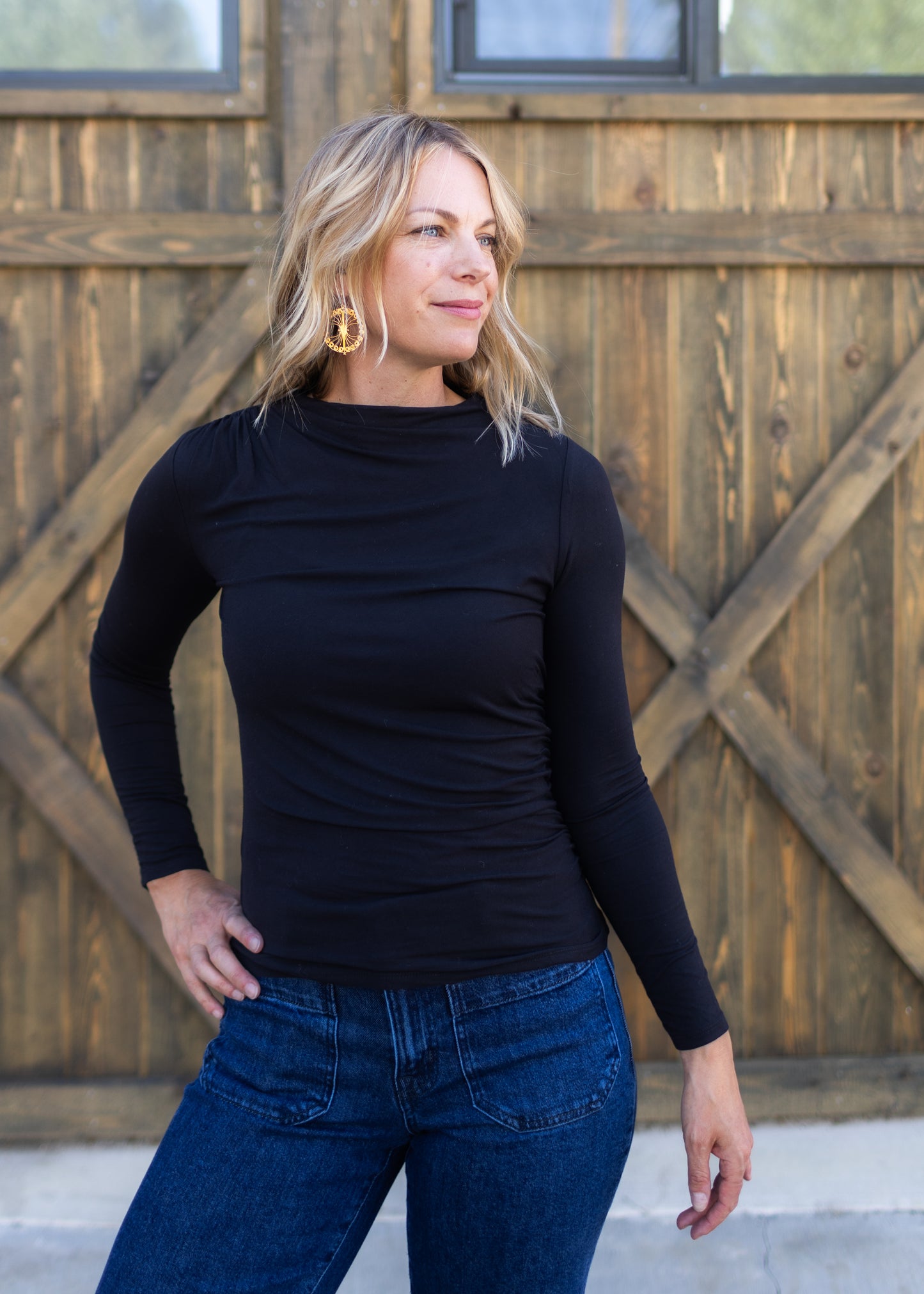 Long Sleeve Shirred Mock Neck in Black | Liverpool