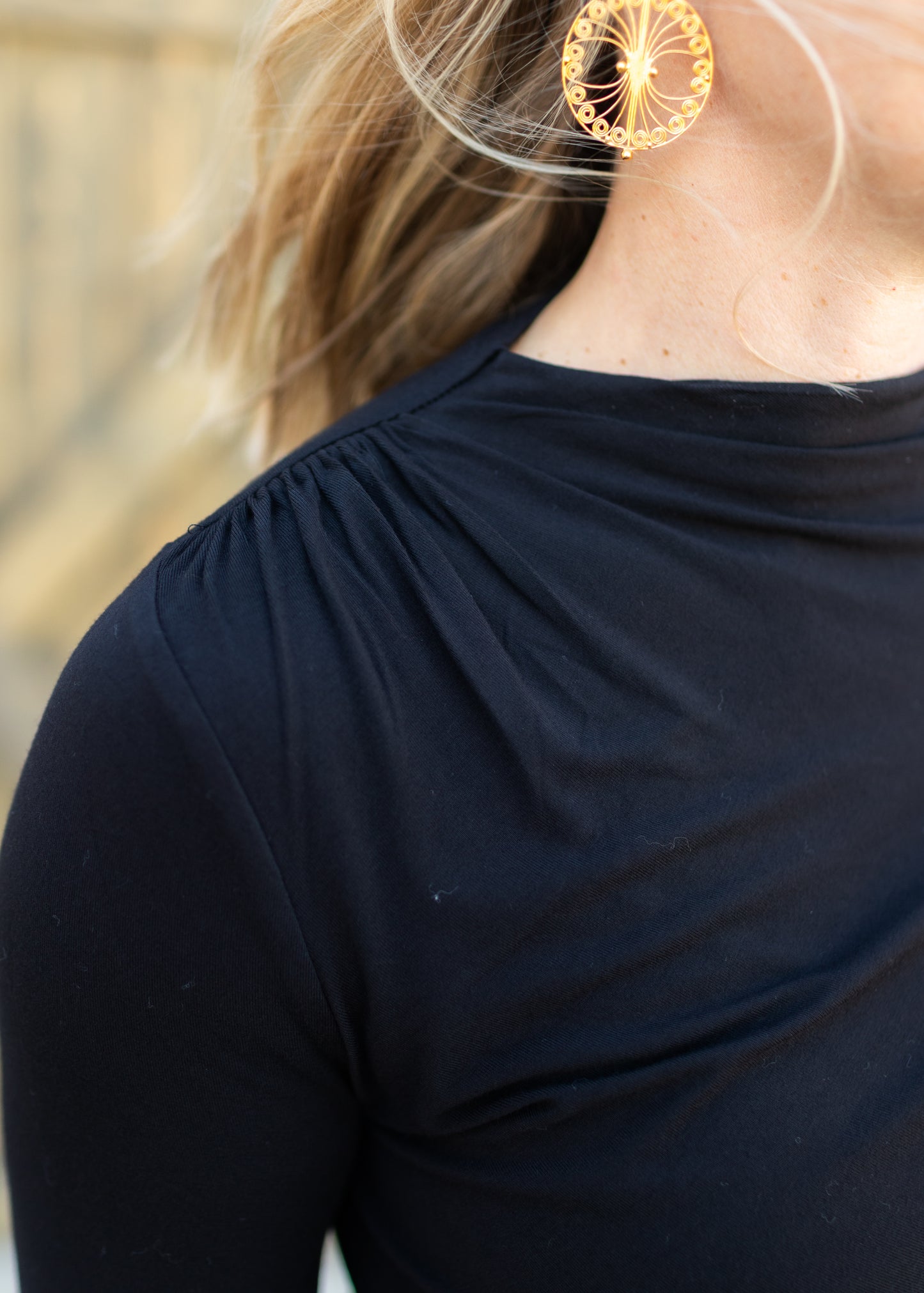 Long Sleeve Shirred Mock Neck in Black | Liverpool