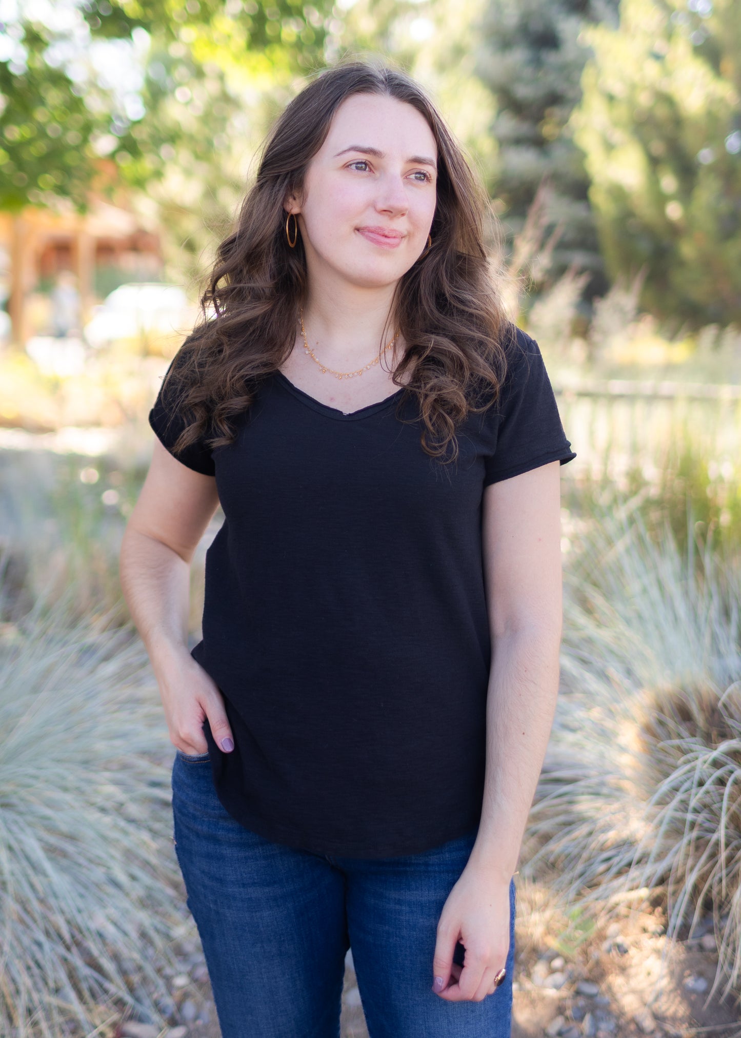 Raw Edge V-Neck Tee in Black | Cut•Loose