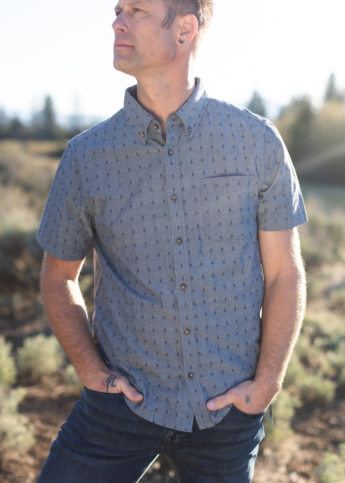 Short Sleeve Button Up Shirt - Chambray Dobby | Liverpool