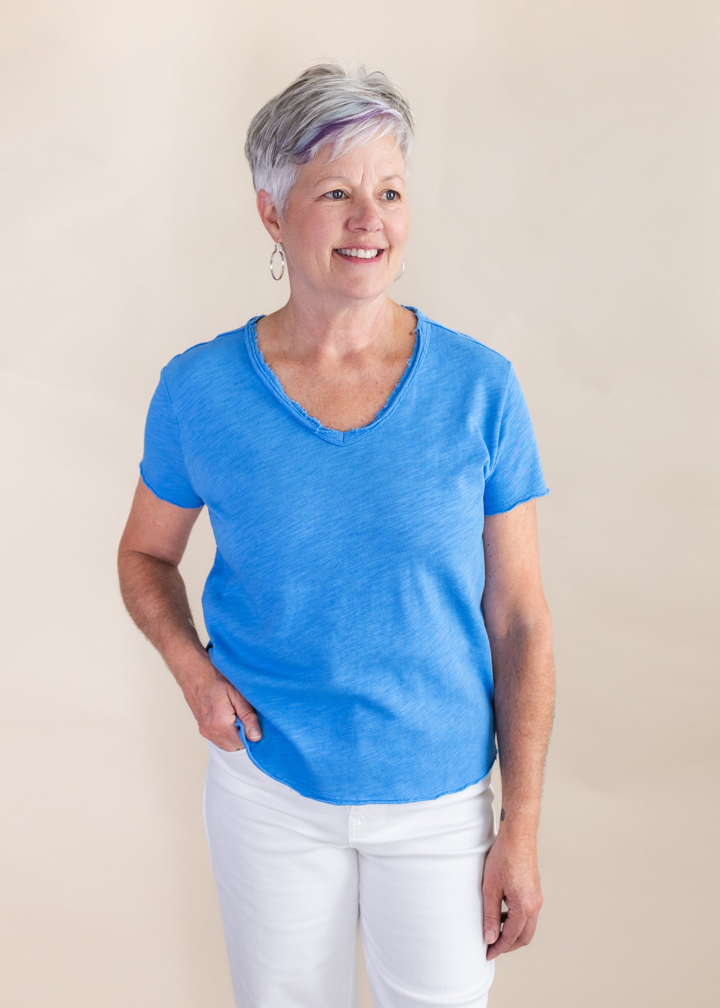 Vanya Relaxed V-Neck Tee in Azure | Dear John