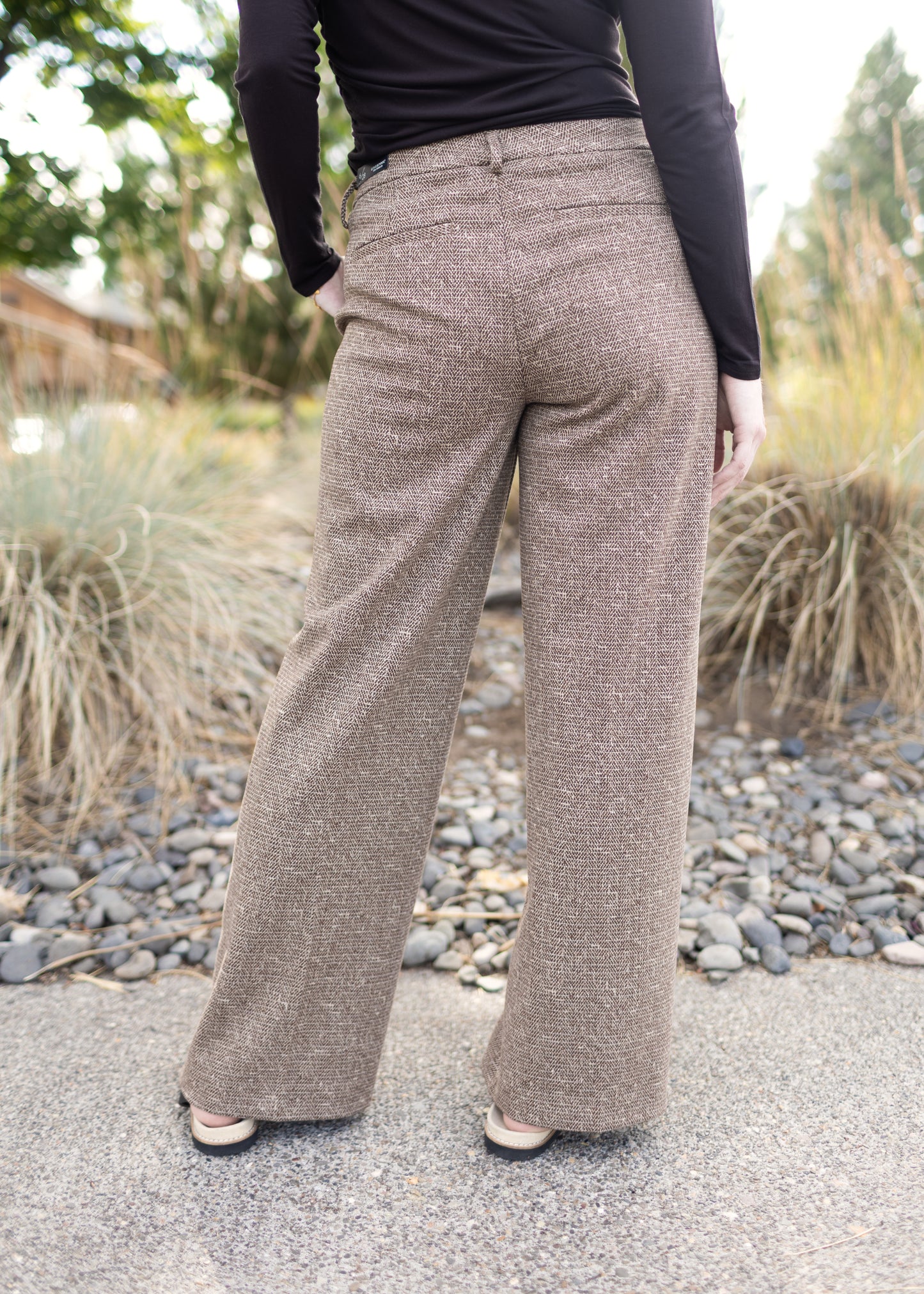 Kelsey Wide Leg Trouser in Brown Herringbone | Liverpool