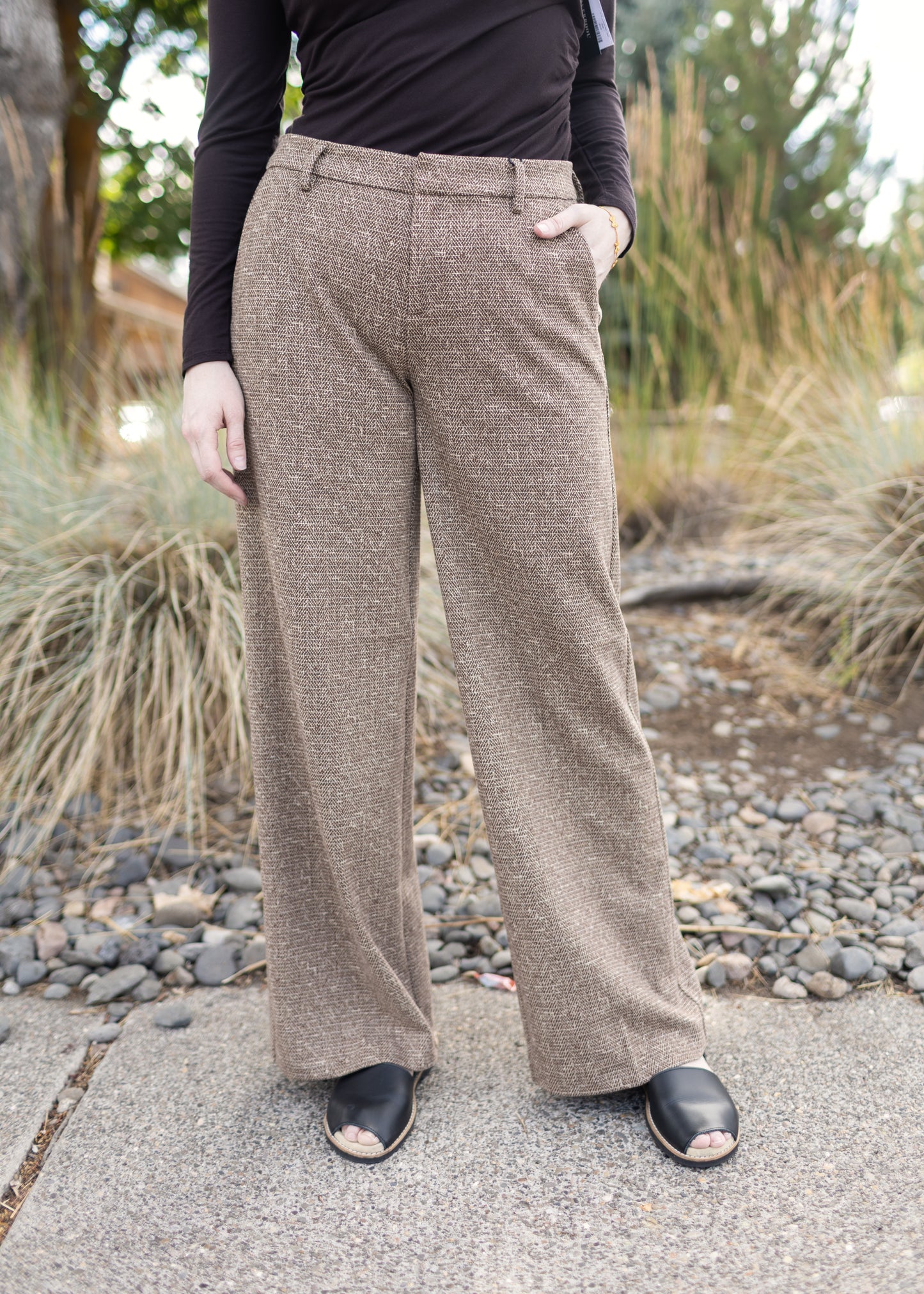Kelsey Wide Leg Trouser in Brown Herringbone | Liverpool