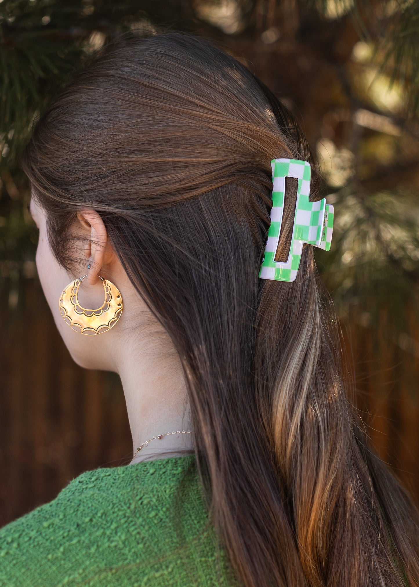 Green Check Classic Claw Clip
