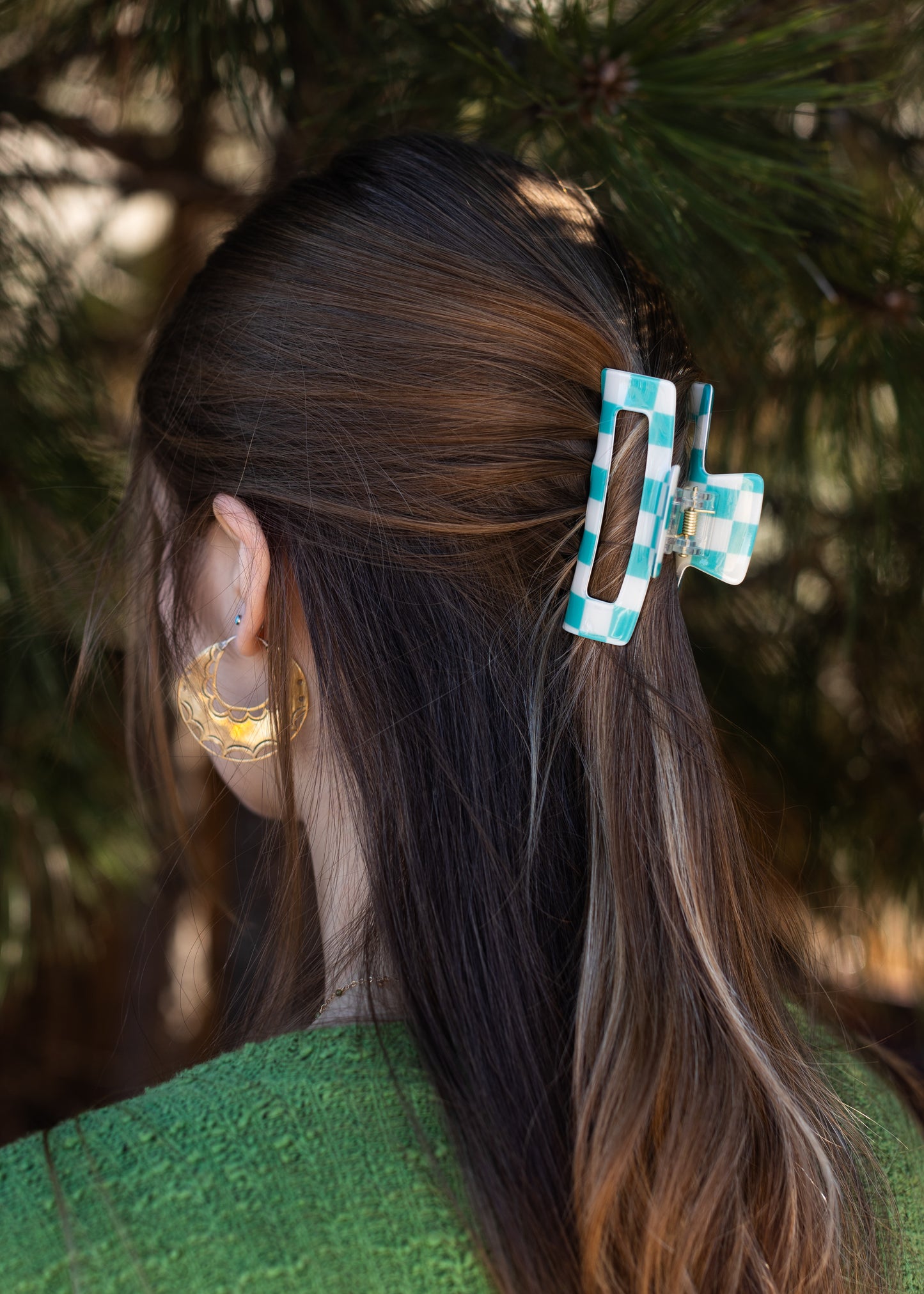 Turquoise Check Classic Claw Clip