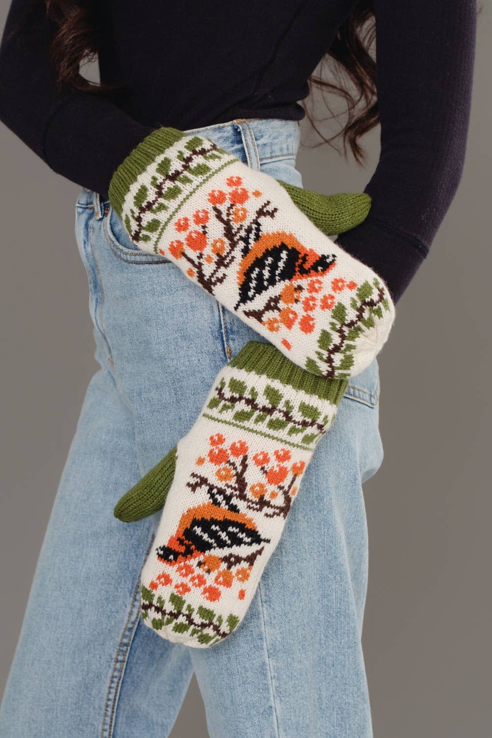 Olive & Cream Bird Pattern Mittens