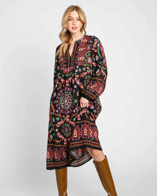 Colorful Medallion Blouson Sleeve Dress