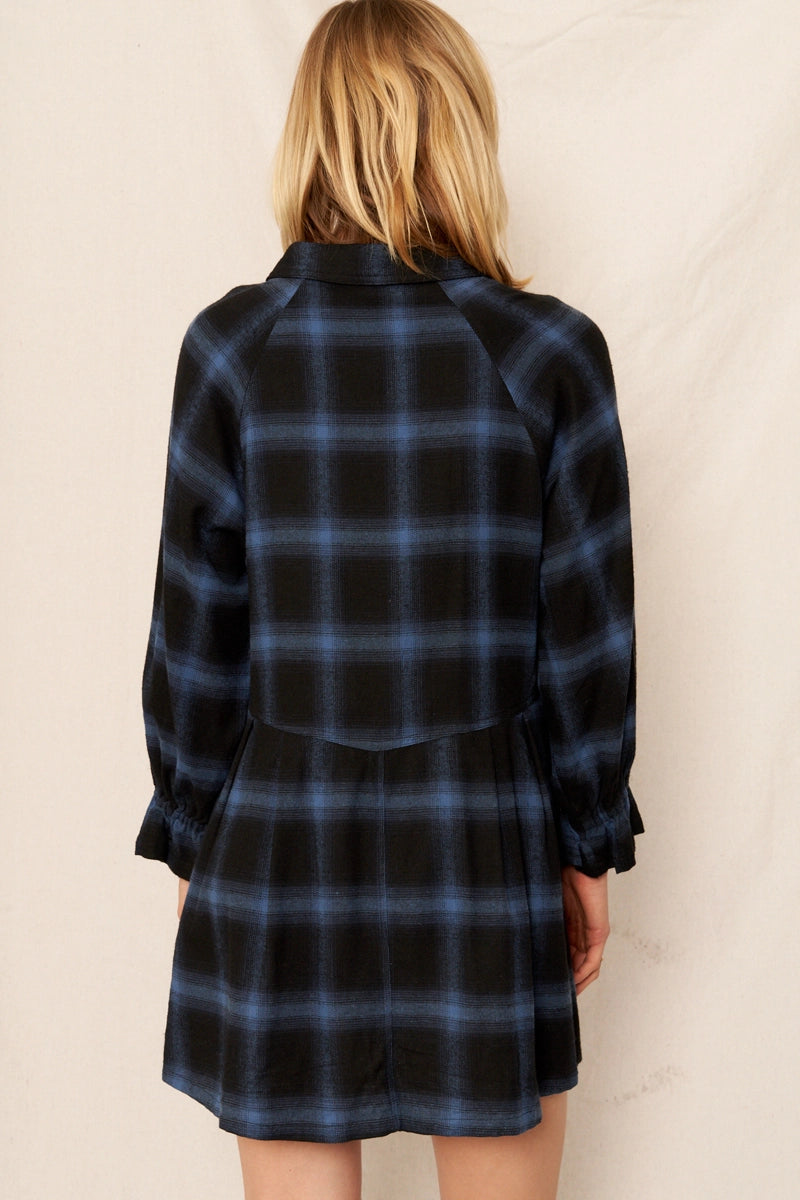 Plaid Button Dress in Navy