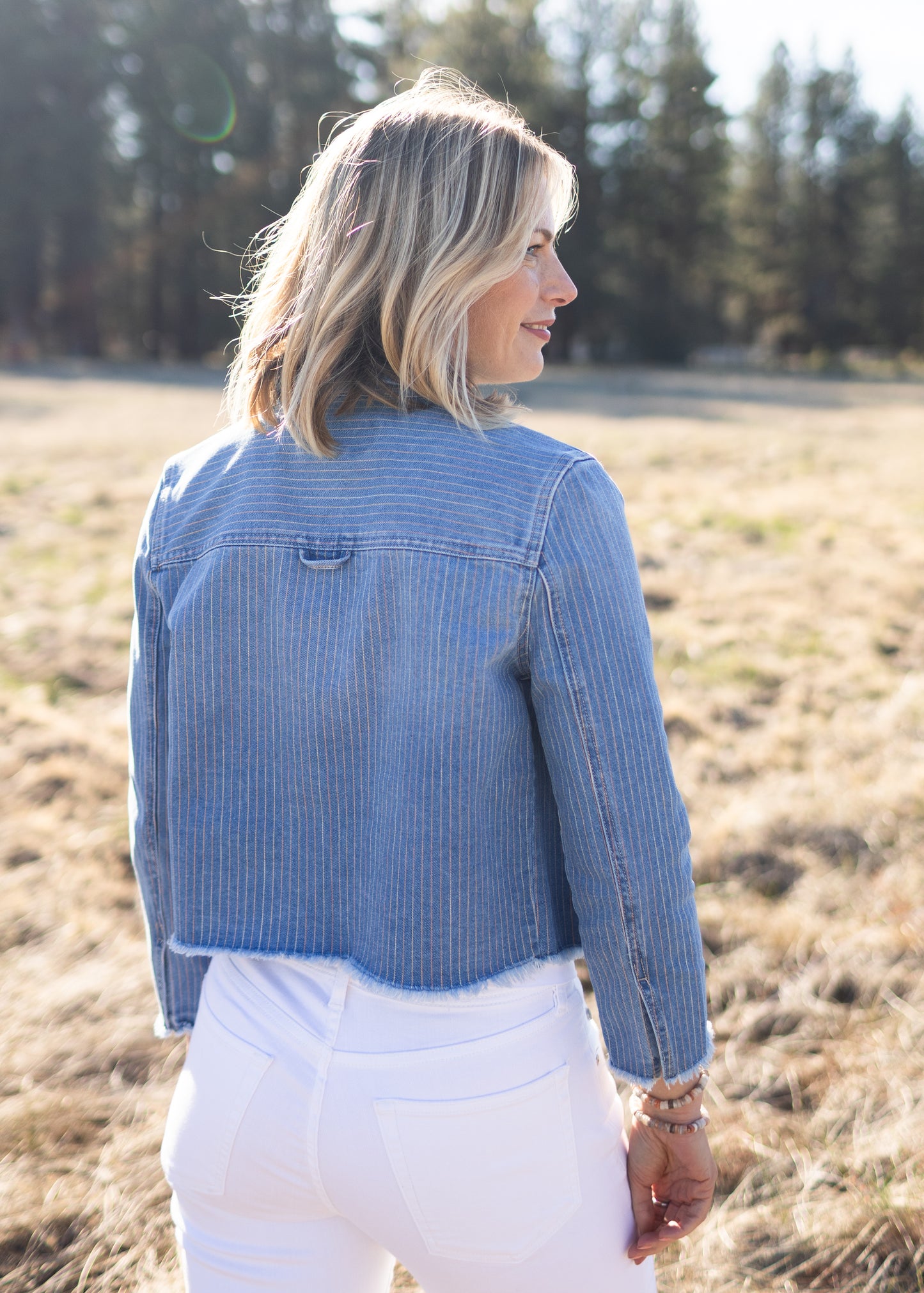 Denim Crop Shacket in Sunset Stripe | Liverpool