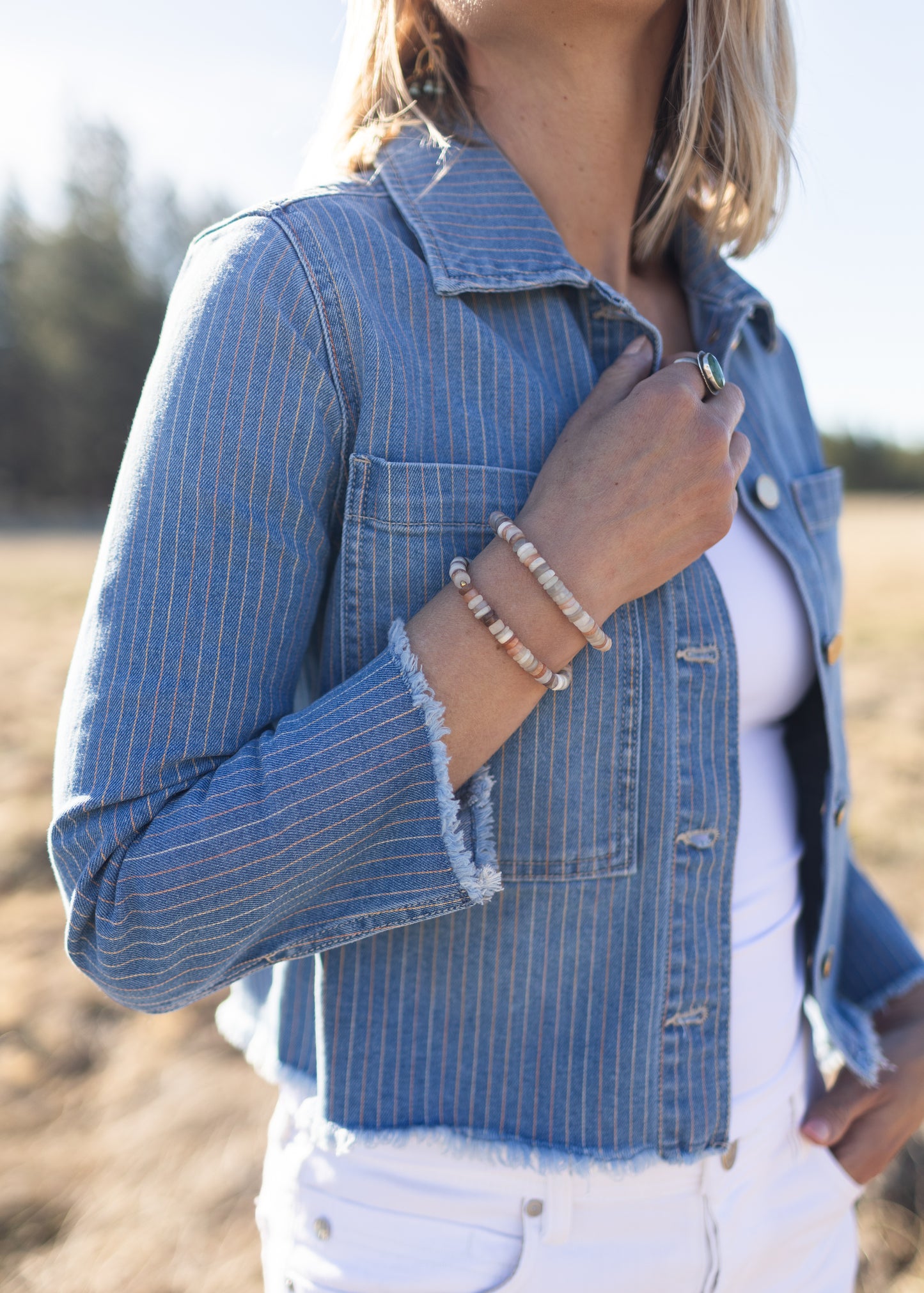 Denim Crop Shacket in Sunset Stripe | Liverpool