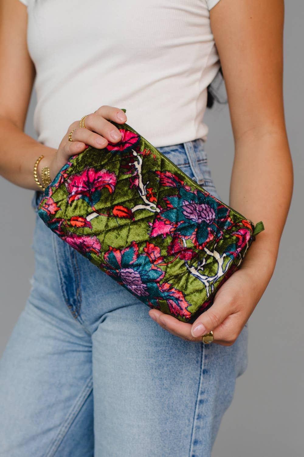 Olive Floral Velvet Pouch