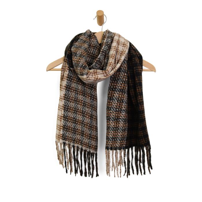 Cozy Colorblock Plaid Fringe Scarf in Black