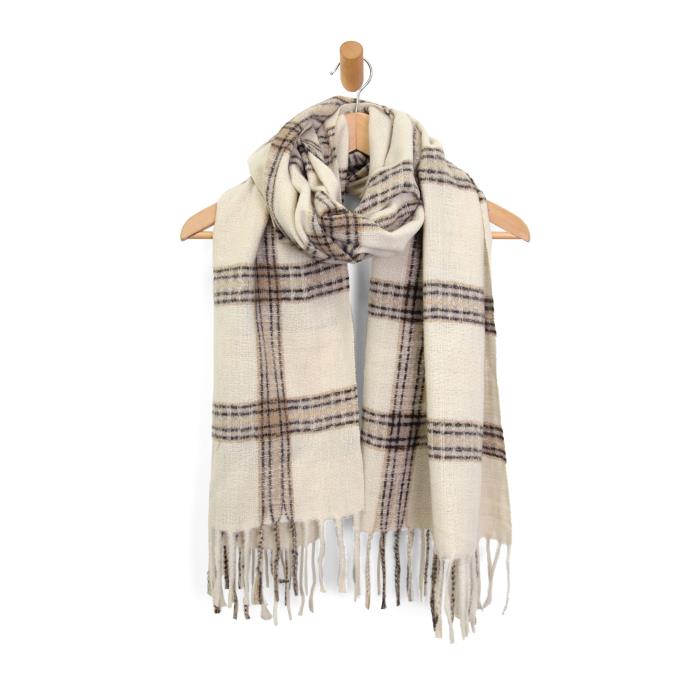 Soft Plaid Fringe Scarf in Ivory