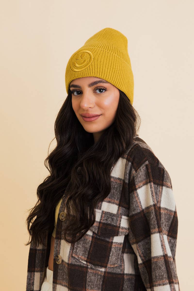 Happy Face Embroidered Beanie in Mustard