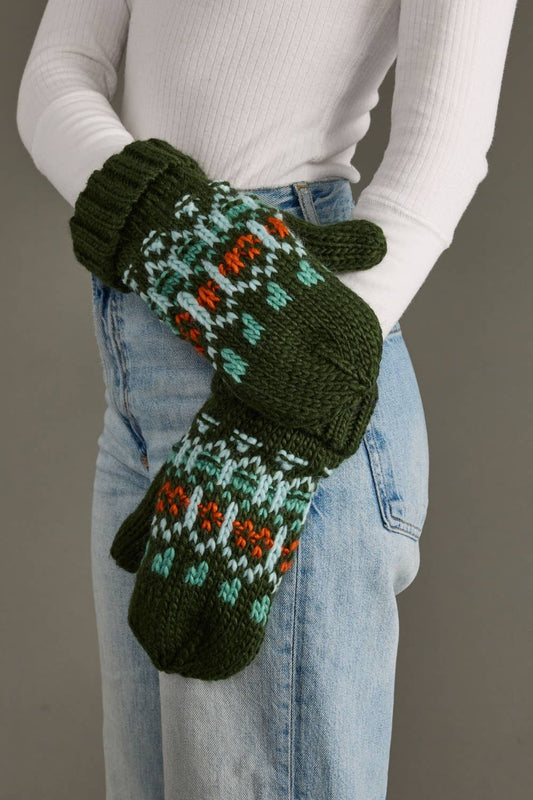 Olive, Mint & Orange Patterned Mittens
