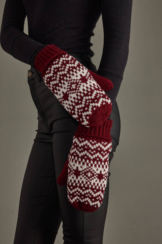 Burgundy & White Patterned Mittens