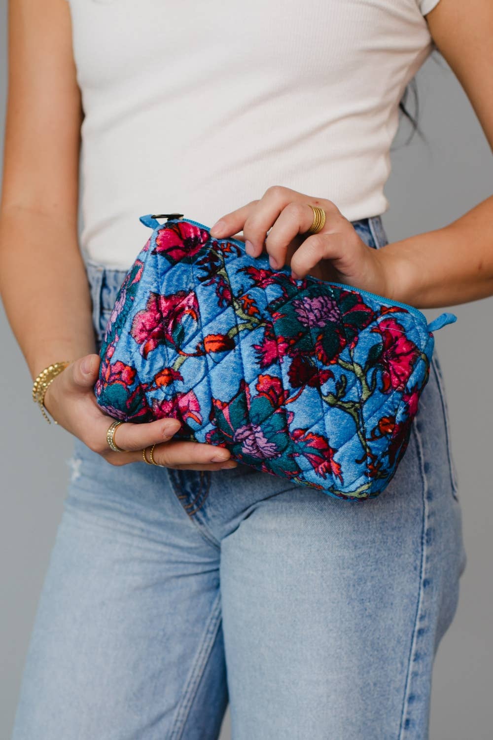 Blue Floral Velvet Pouch