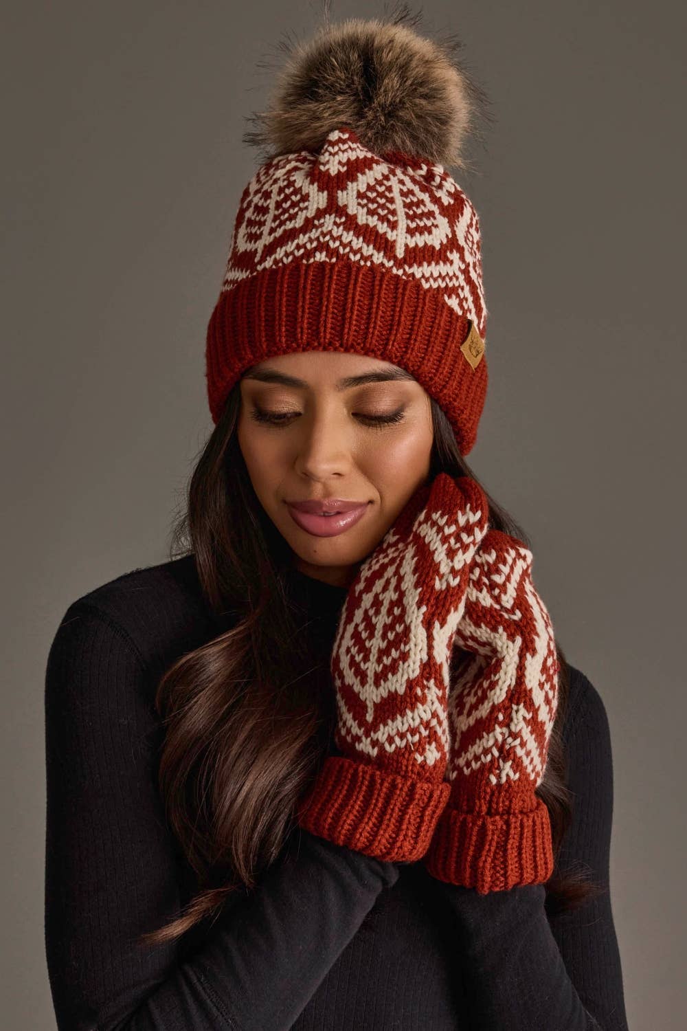 Rust & Beige Patterned Pom Hat