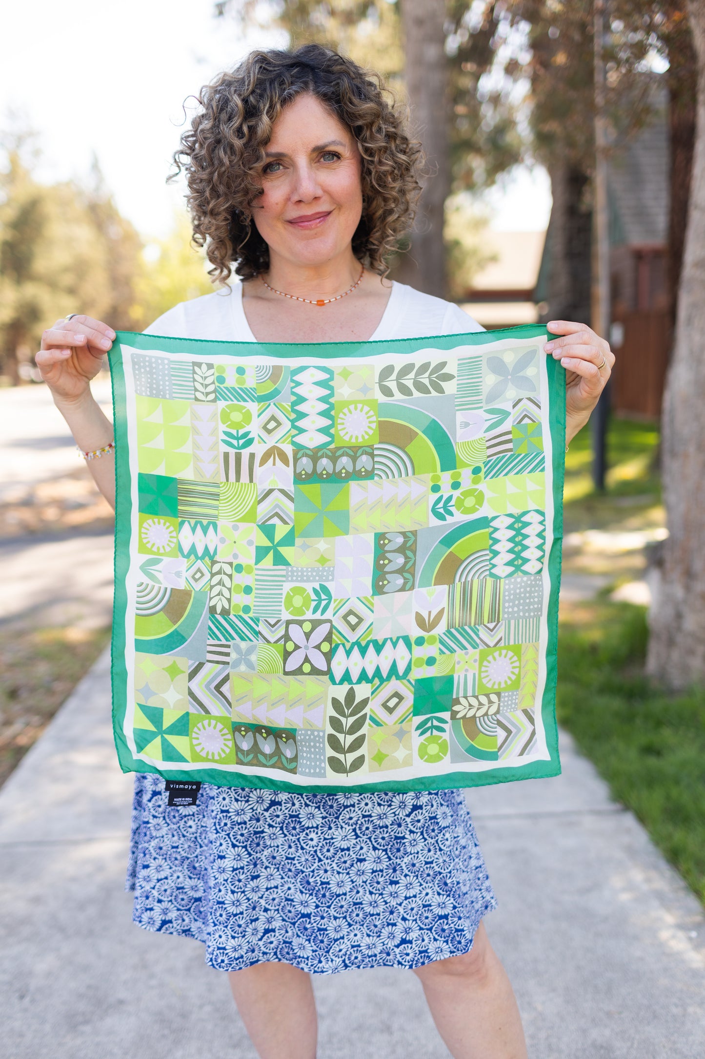 Green Patchwork Printed Silk Square Scarf