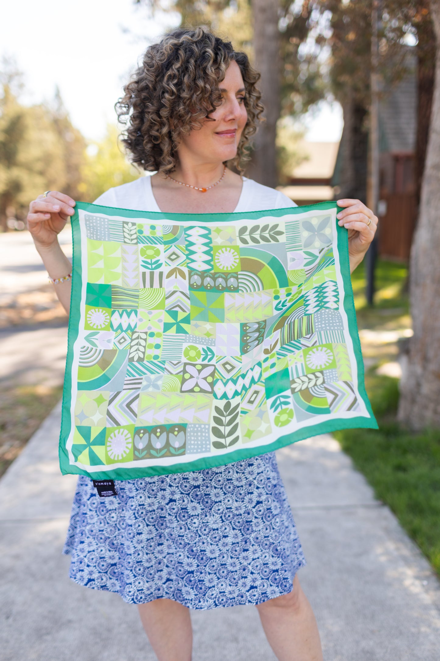 Green Patchwork Printed Silk Square Scarf