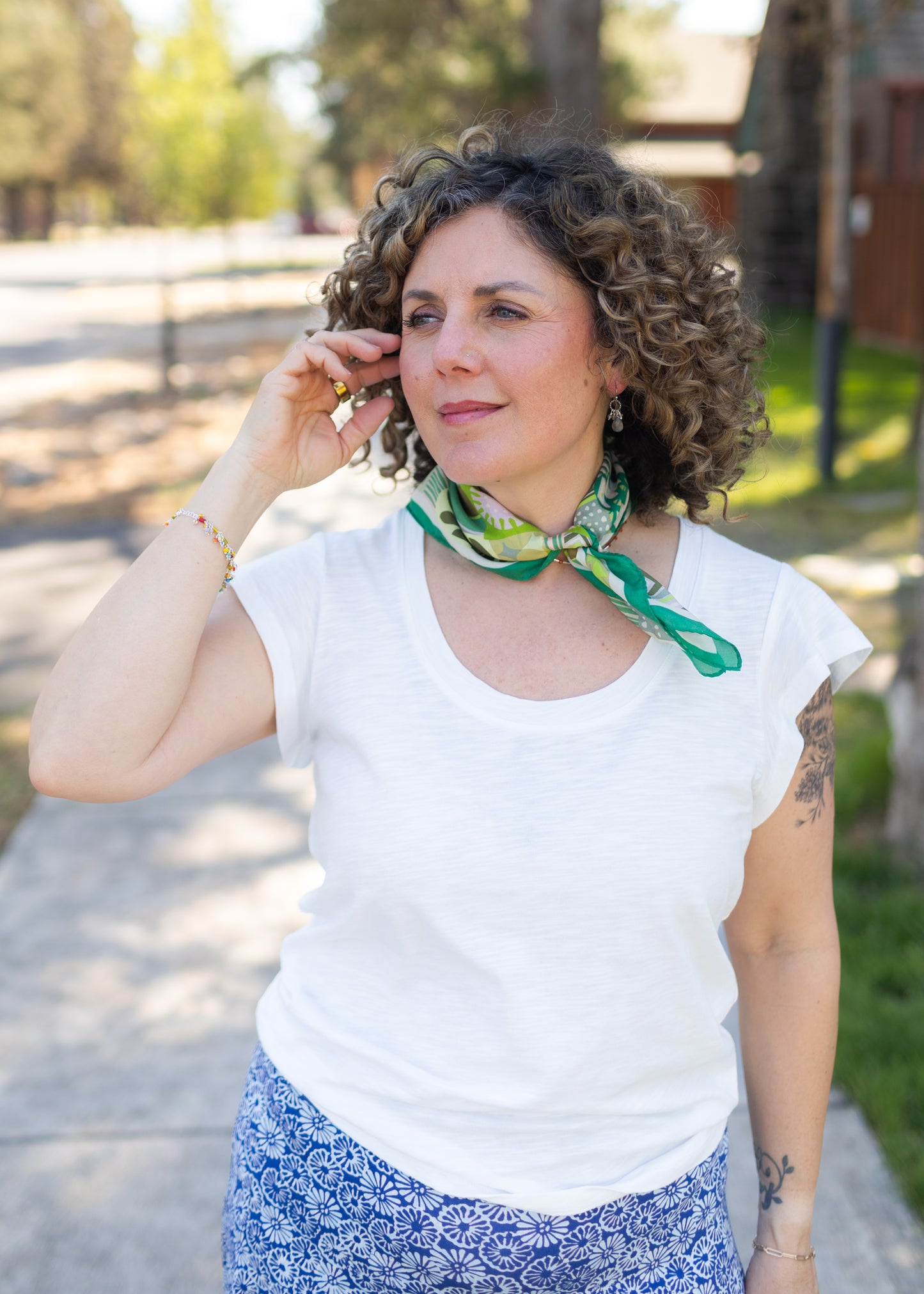 Green Patchwork Printed Silk Square Scarf