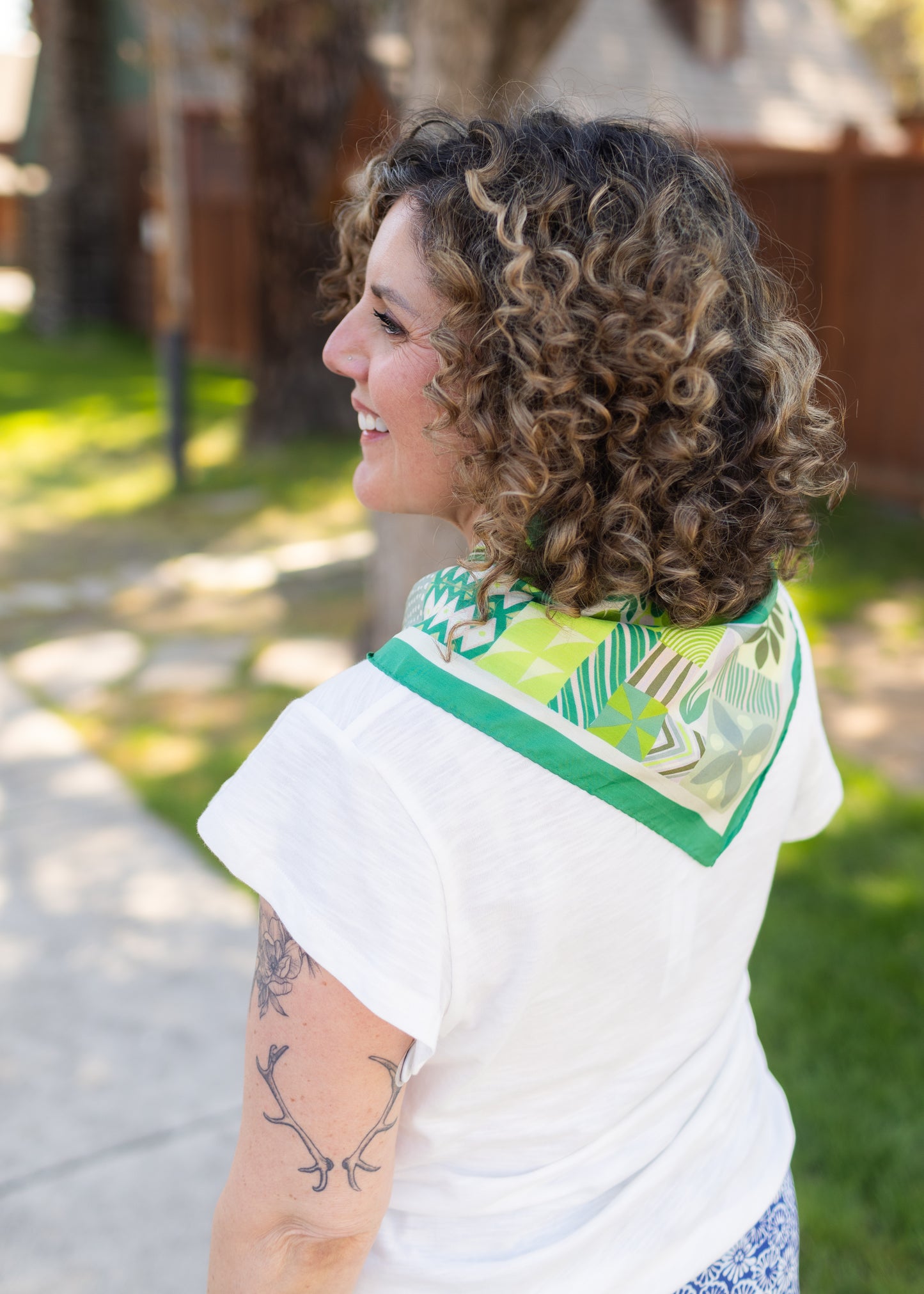 Green Patchwork Printed Silk Square Scarf