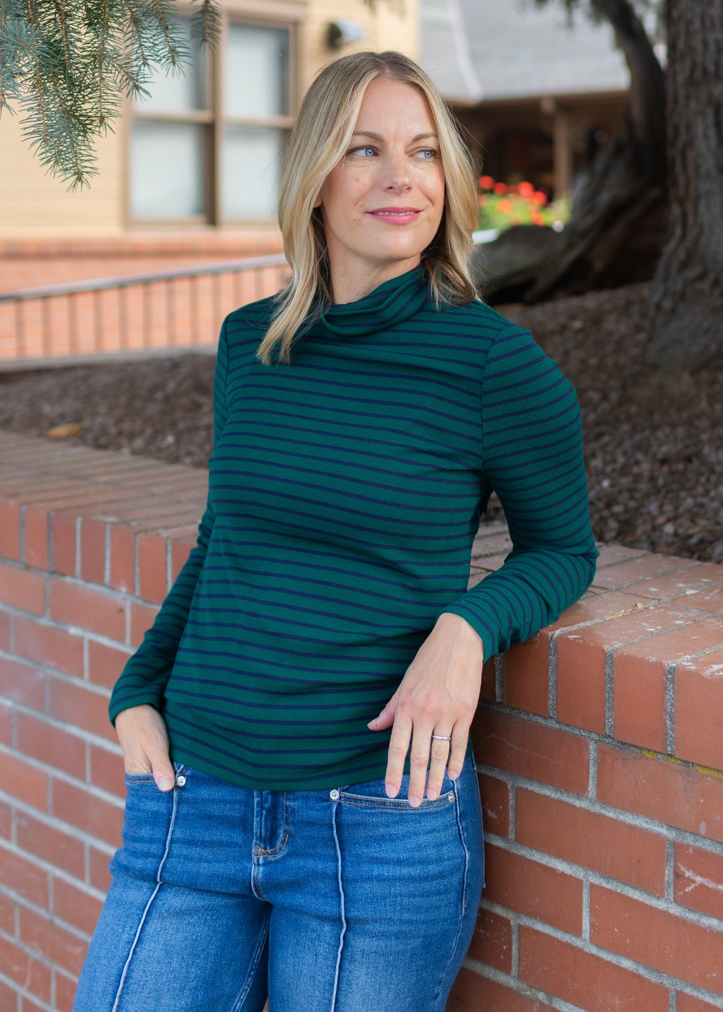 Long Sleeve Stripe Turtleneck in Emerald | Liverpool