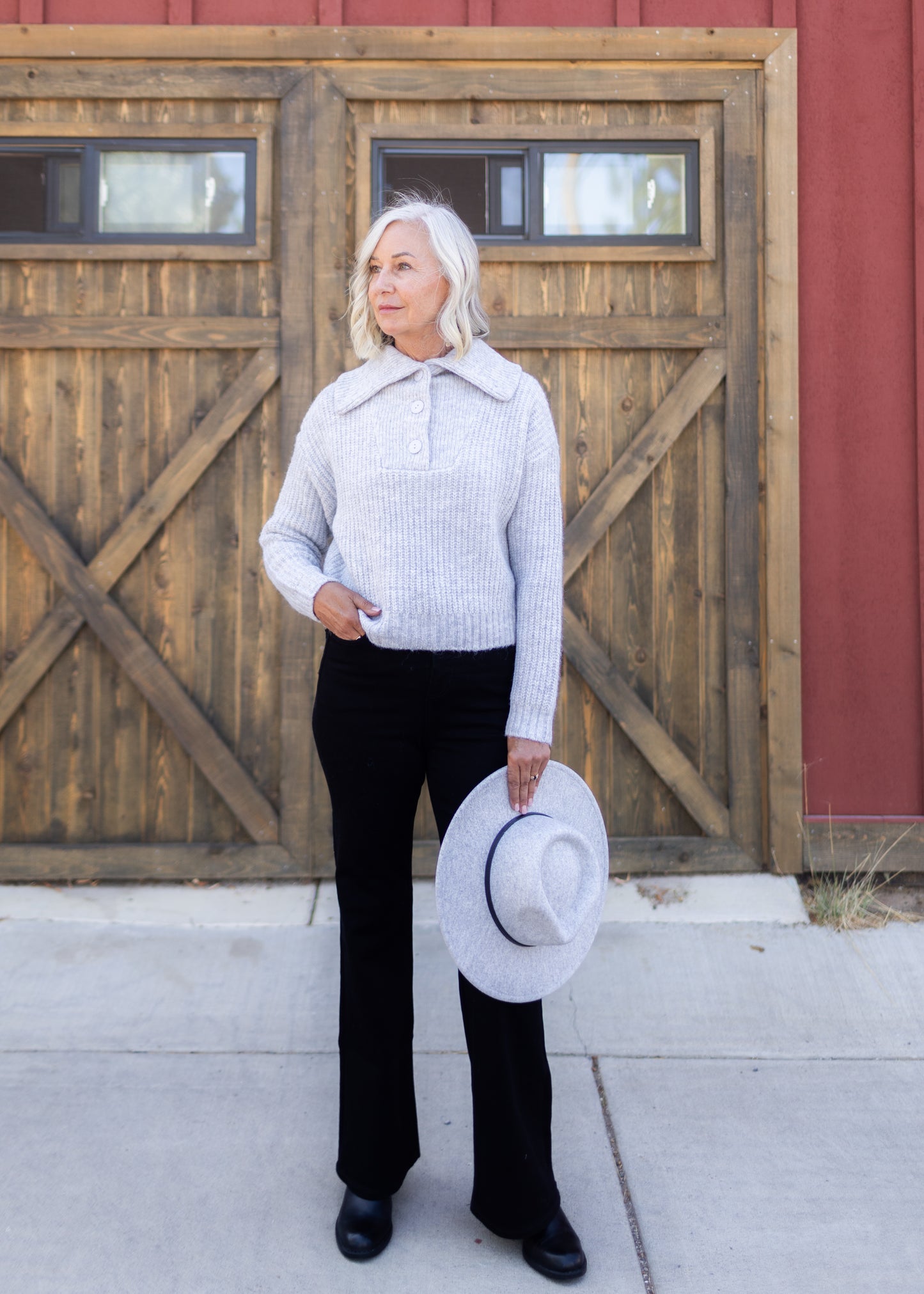 Quarter Button Sweater in Light Grey