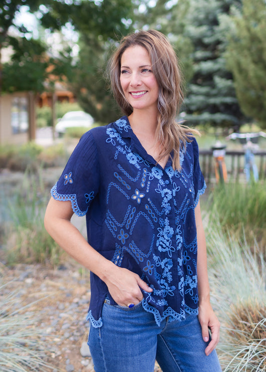 Chryssie Camp Shirt in Blue Night | Johnny Was