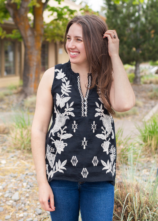 Linen Ruffle Neck Tank in Black | Johnny Was