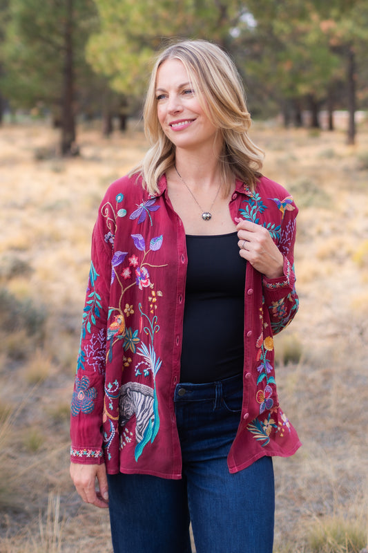 Audrey Collared Shirt in Red | Johnny Was