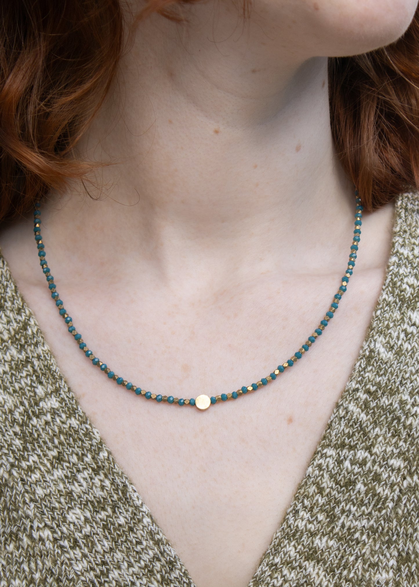 Blue Brass Beaded Circle Necklace