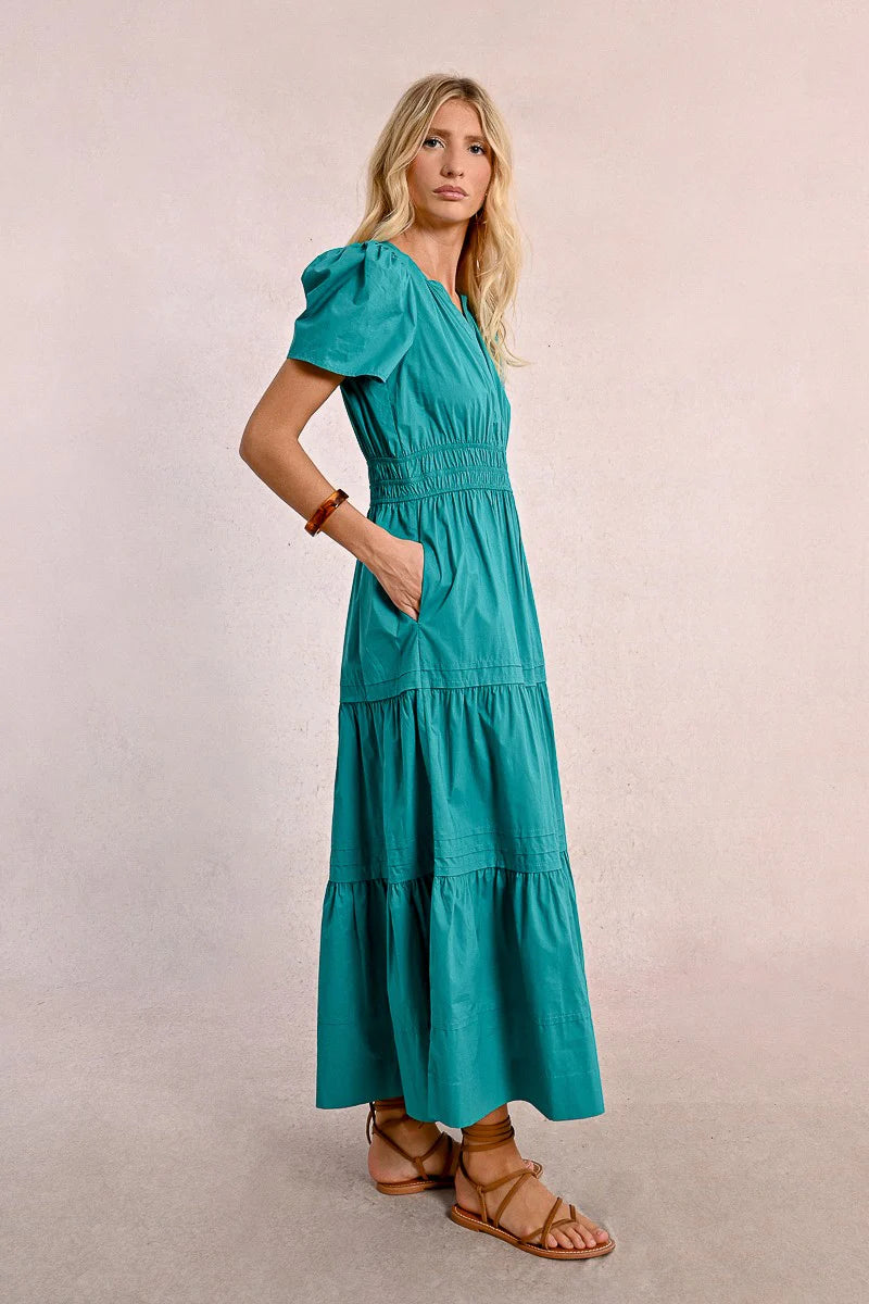 Tiered Poplin Dress in Teal