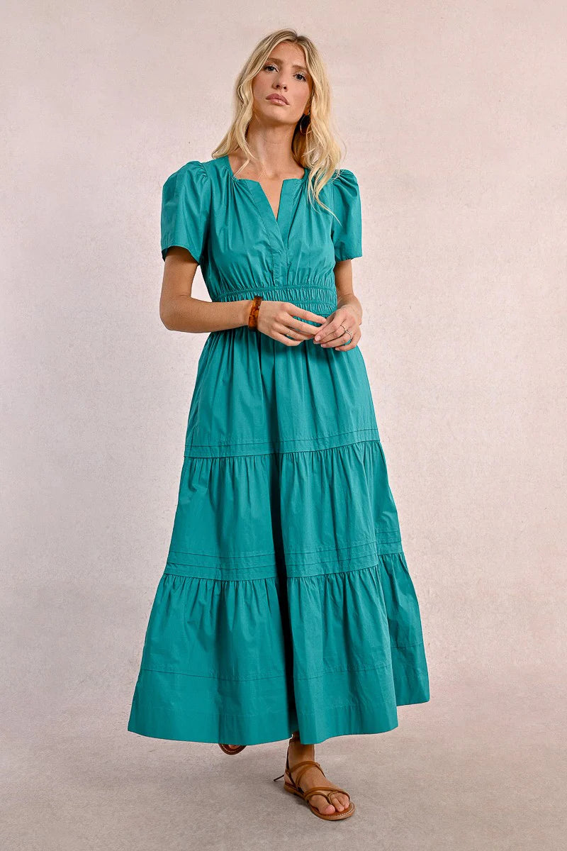 Tiered Poplin Dress in Teal