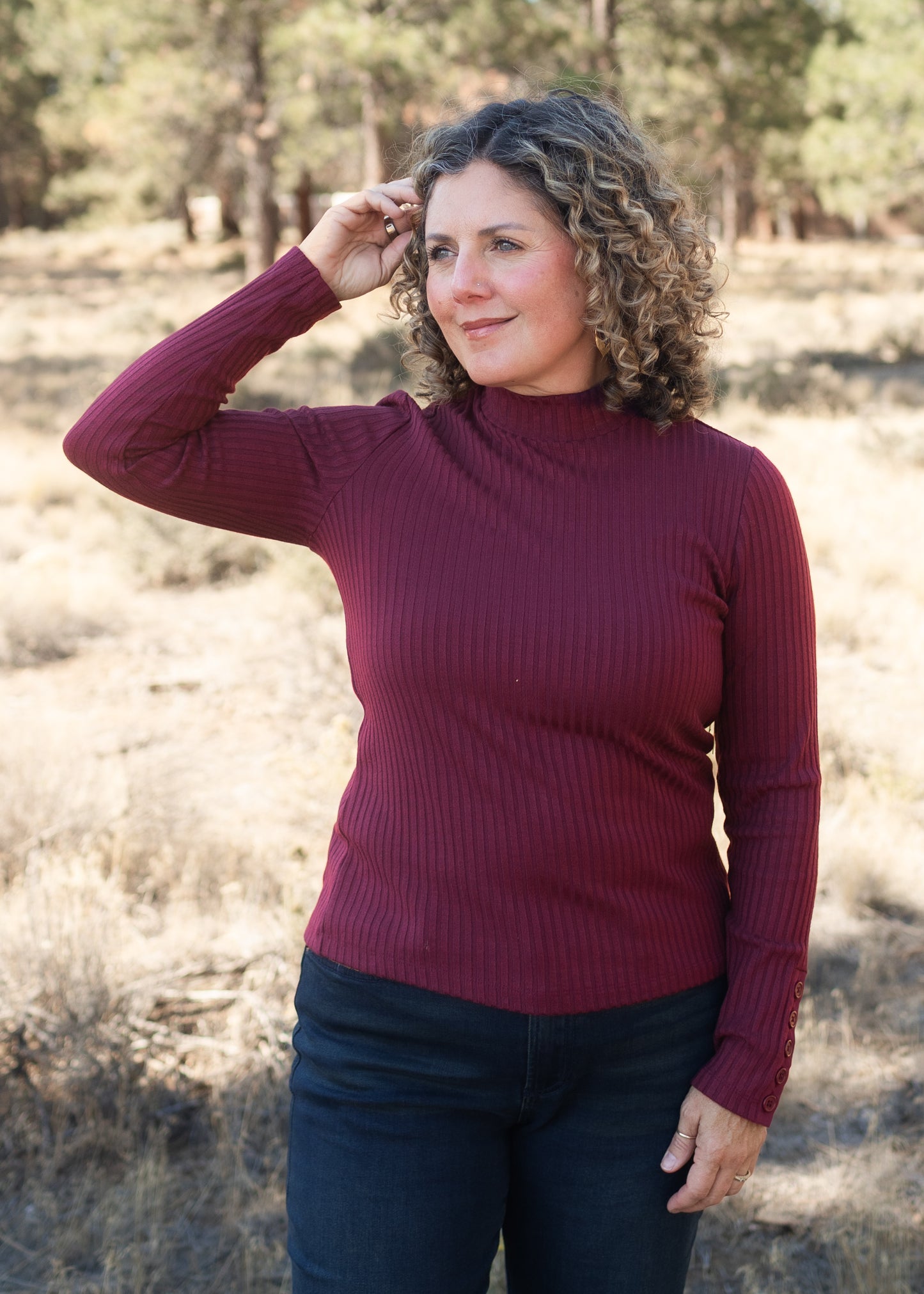Long Sleeve Mock Rib Top in Wine | Liverpool