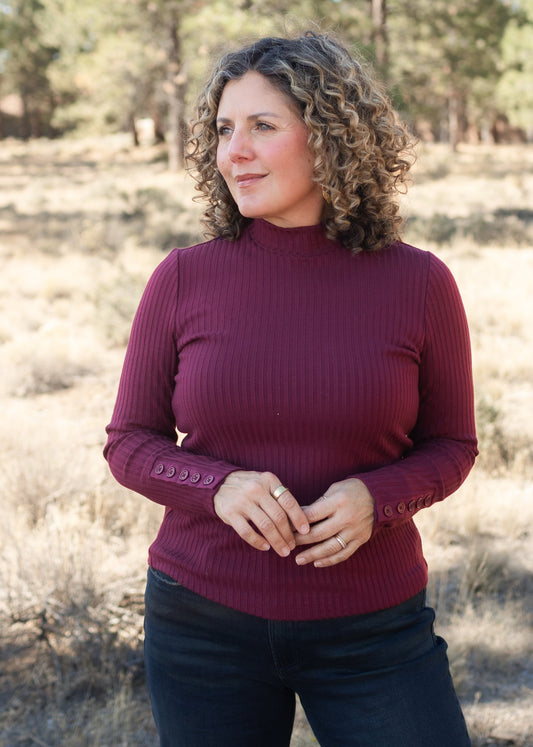 Long Sleeve Mock Rib Top in Wine | Liverpool