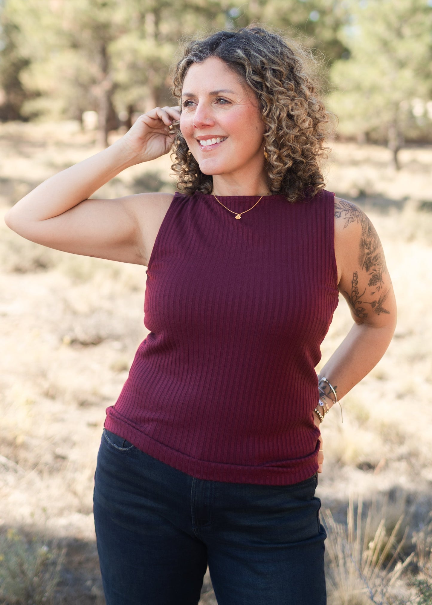 Sleeveless Boat Neck Rib Knit Top in Wine | Liverpool