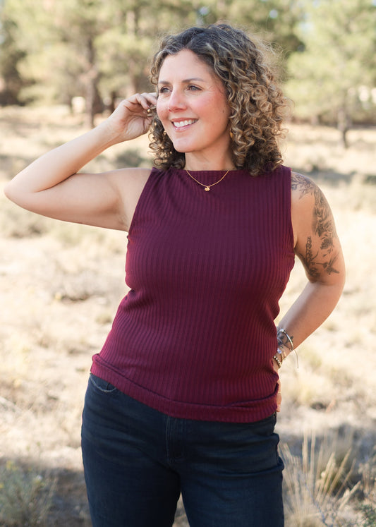 Sleeveless Boat Neck Rib Knit Top in Wine | Liverpool